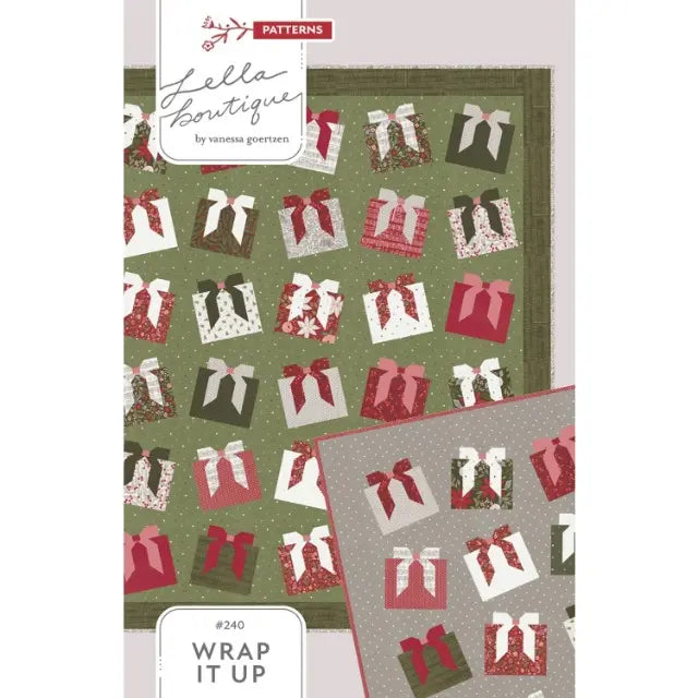 Pattern book titled 'Wrap It Up' by Lella Boutique with gift box designs on a green and gray background.