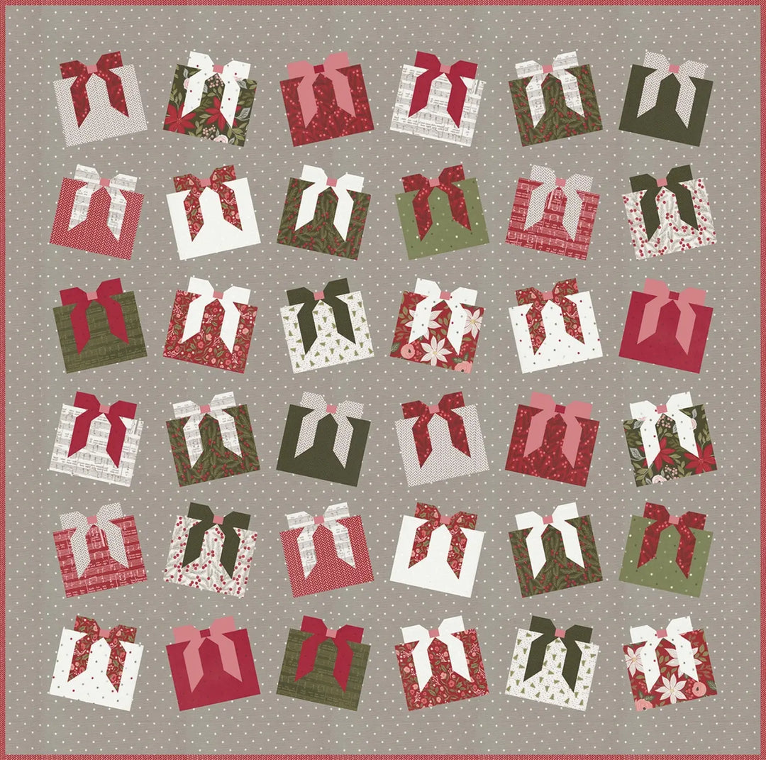 Pattern of Christmas gift boxes with ribbons on a gray background