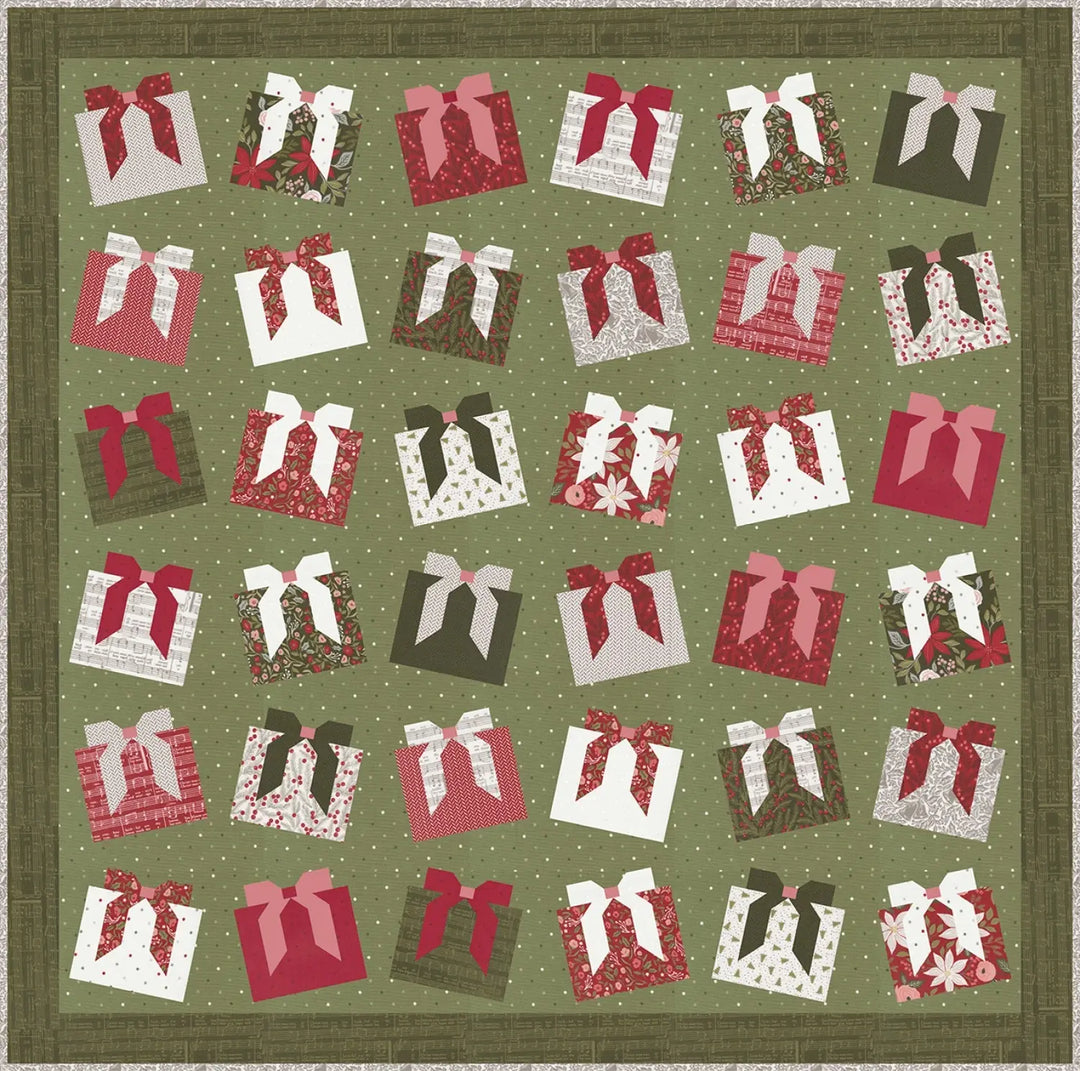 Quilt pattern with Christmas gift boxes and ribbons on a green background