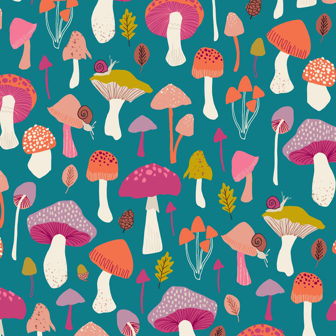 fabric with a teal background and brightly colored mushrooms in a variety of shapes and styles.