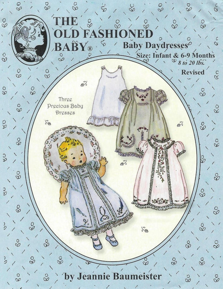 pattern cover of 'The Old Fashioned Baby' with illustrations of baby dresses and a doll on a light blue background.