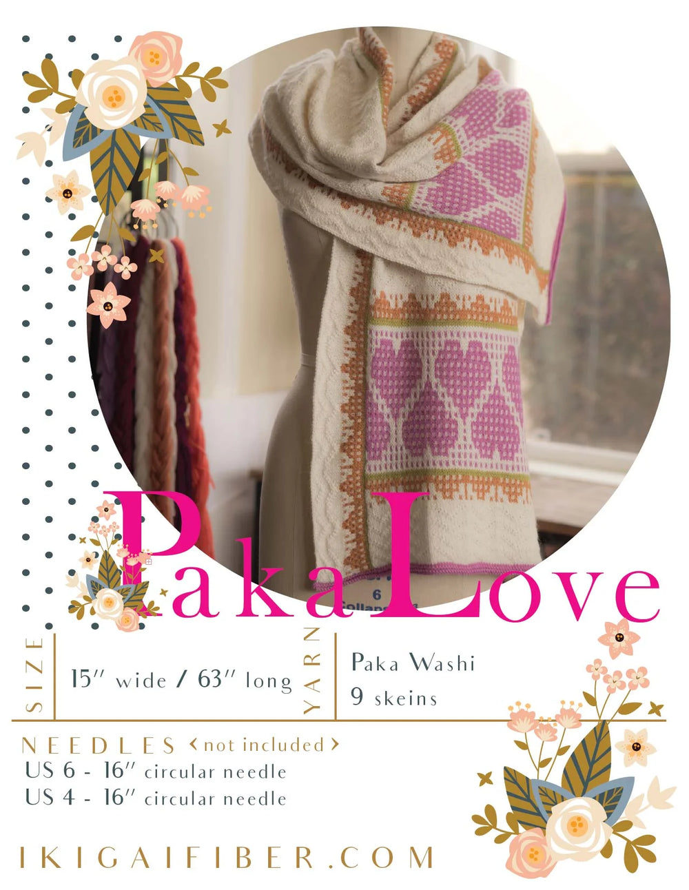 Paka Love yarn with patterned scarf and floral design on a white background