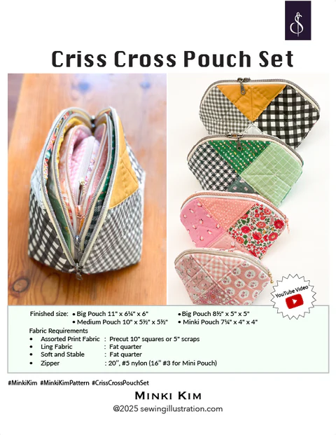 Set of criss cross pouches with fabric patterns on a white background