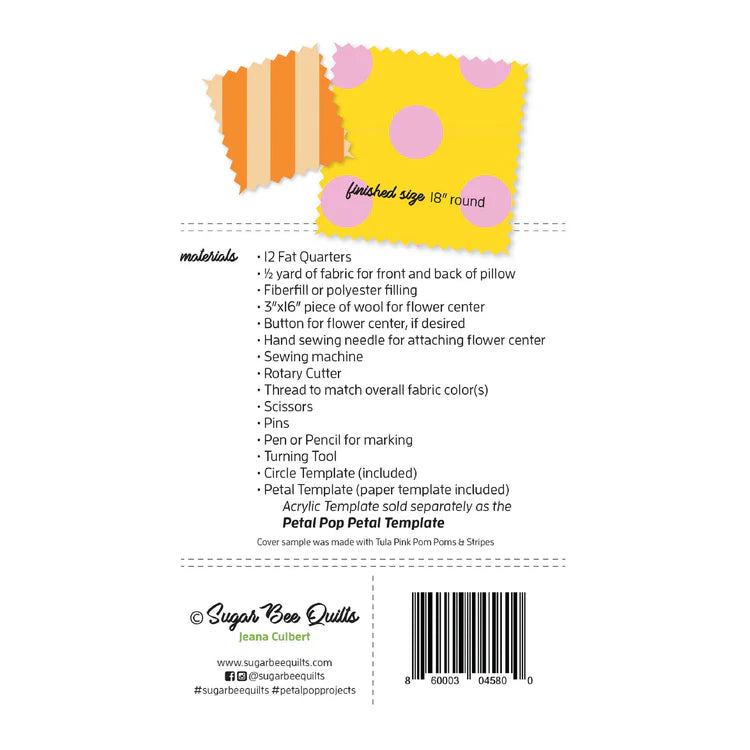 Product packaging with fabric swatches and sewing materials list on a white background