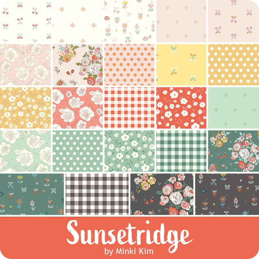 Collection of various patterned fabric swatches with 'Sunsetridge by Minki Kim' branding.