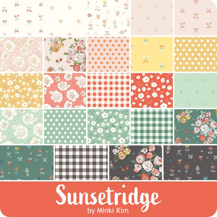 Collection of various patterned fabric swatches with 'Sunsetridge by Minki Kim' branding.