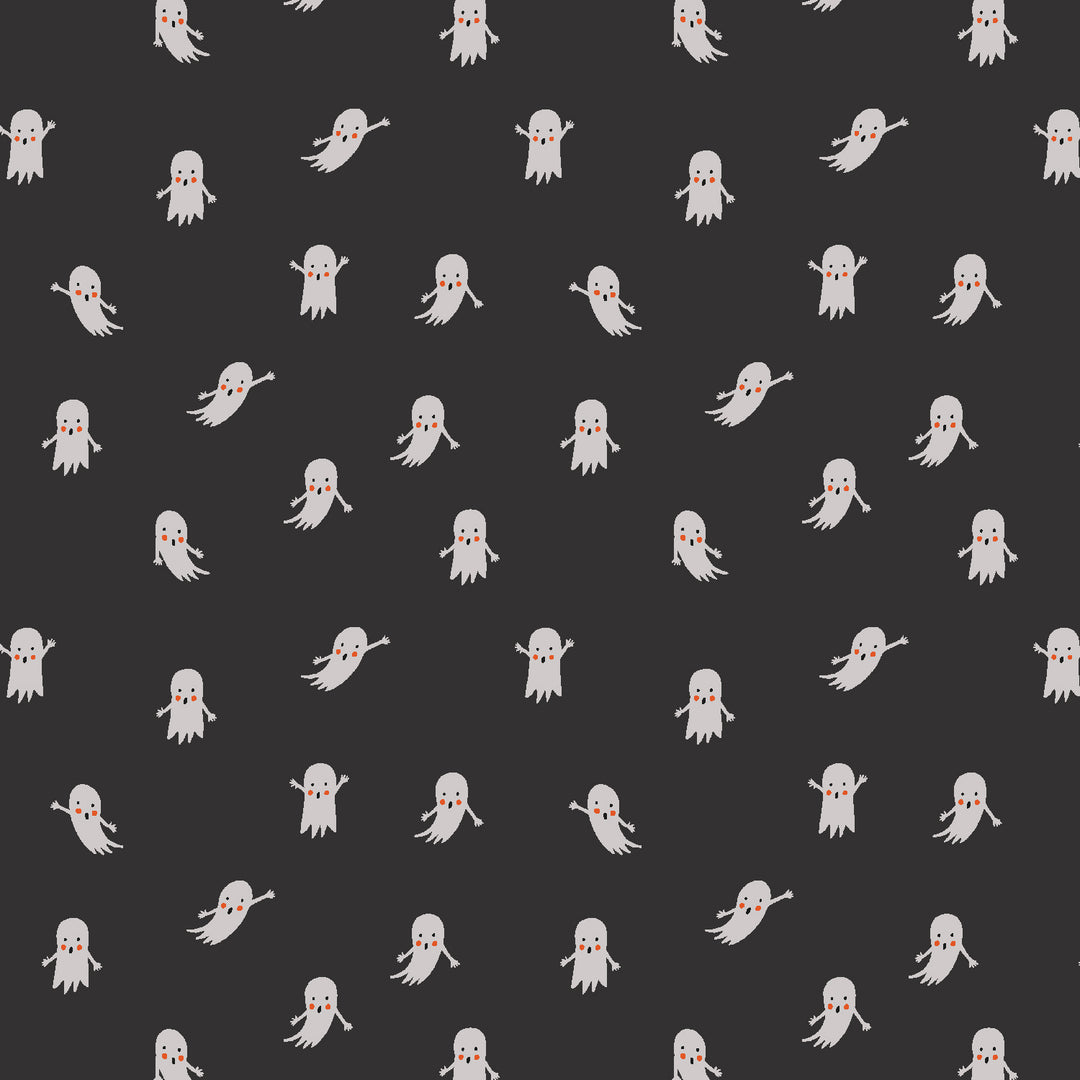 A repeating pattern of small white cartoon ghosts with red eyes on a dark charcoal gray background.