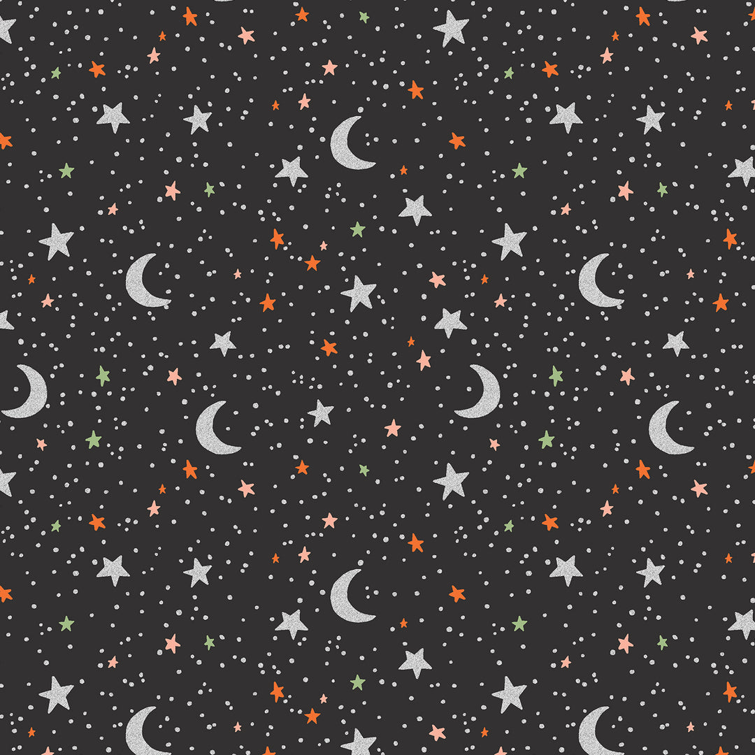 Black fabric with metallic silver stars and orange/green stars