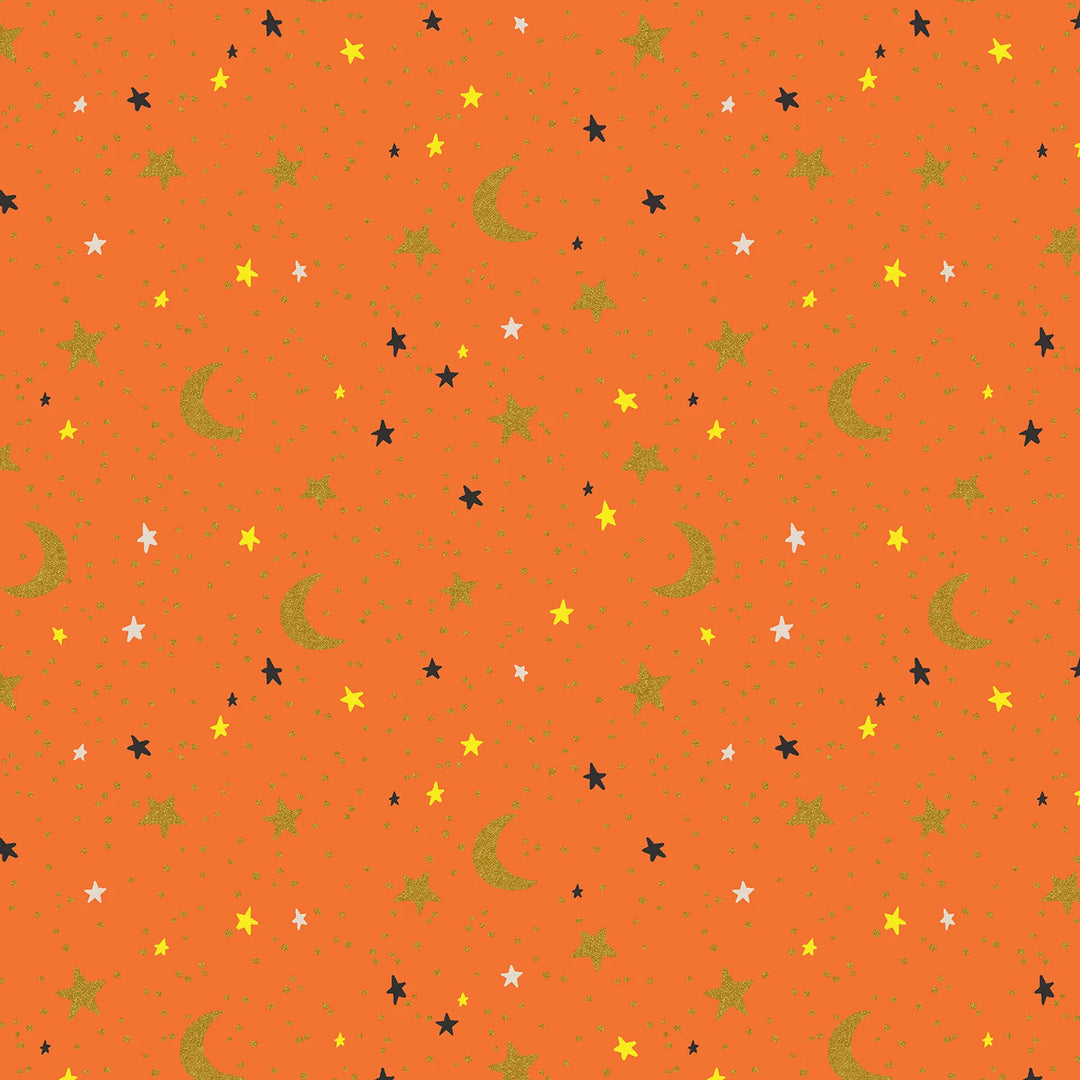 Orange background with metallic stars and moons