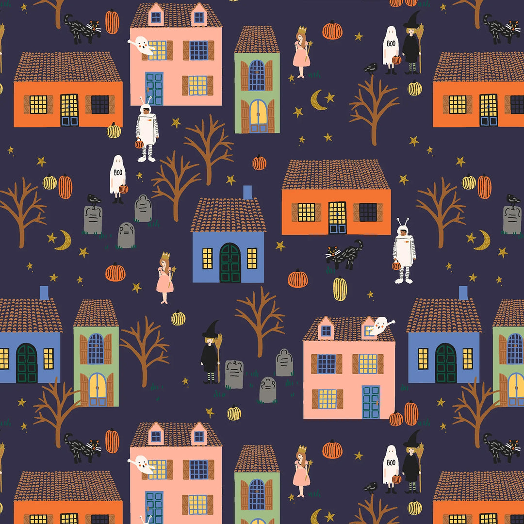 Navy background with a halloween night scene