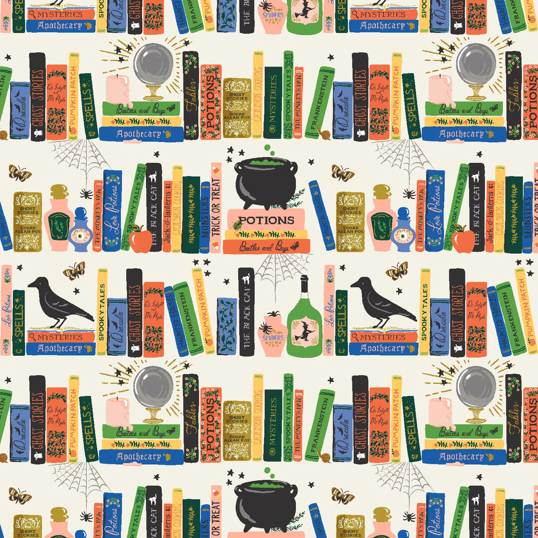 Cream background with halloween books, potions, spiderwebs, and crows