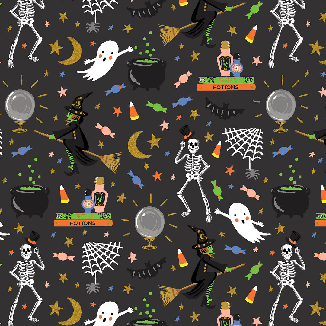 Halloween-themed pattern with skeletons, ghosts, and witch elements on a dark background.