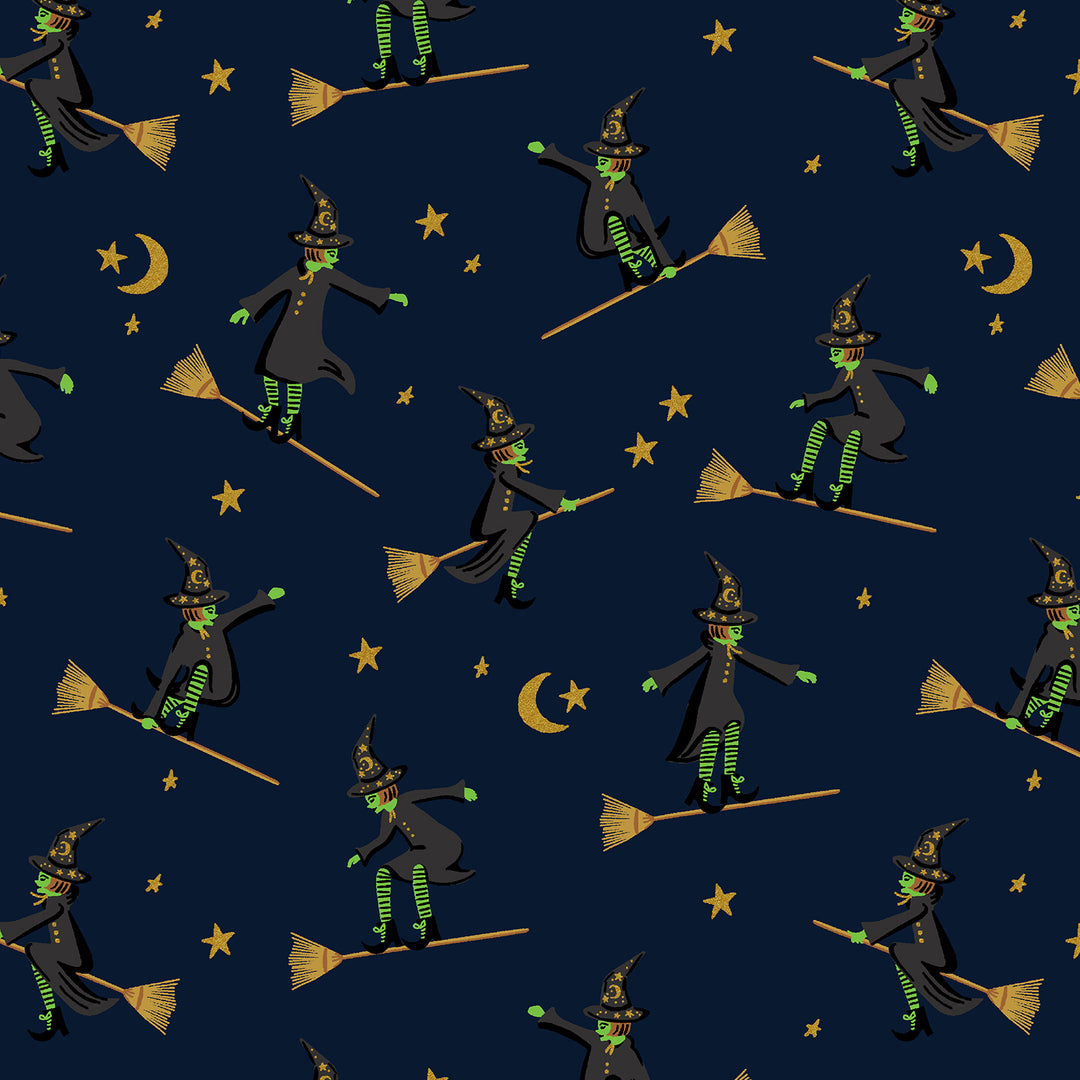 A repeating Halloween pattern featuring cartoon witch characters riding broomsticks, with yellow stars and crescent moons on a dark navy blue background.