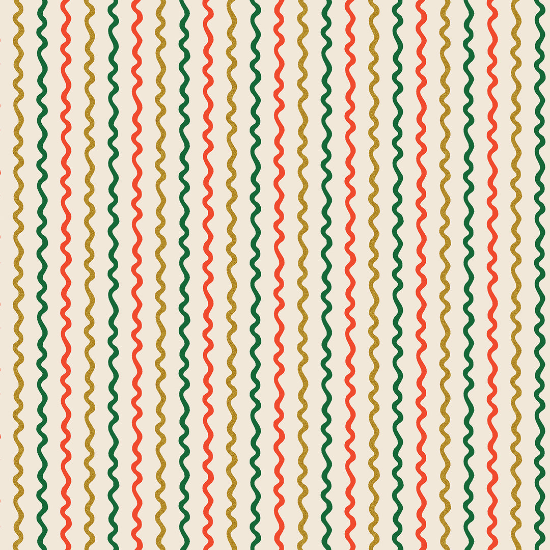 Pattern of wavy lines in red, green, and gold on a beige background