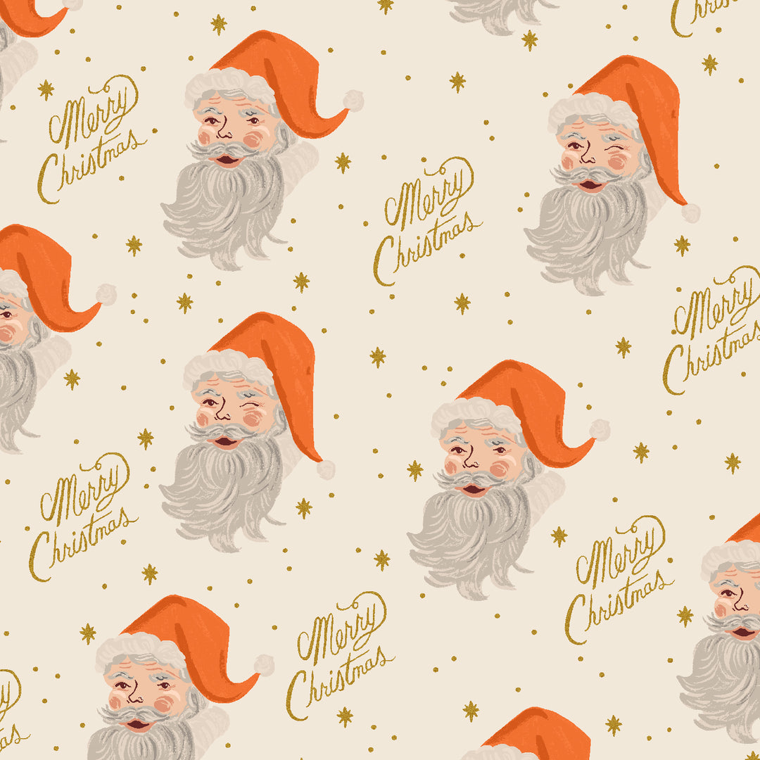 Pattern of Santa Claus faces with 'Merry Christmas' text on a beige background