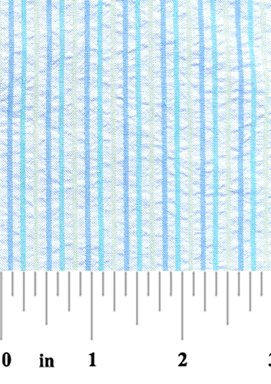 Textile swatch with blue and white stripes and a ruler at the bottom for scale.