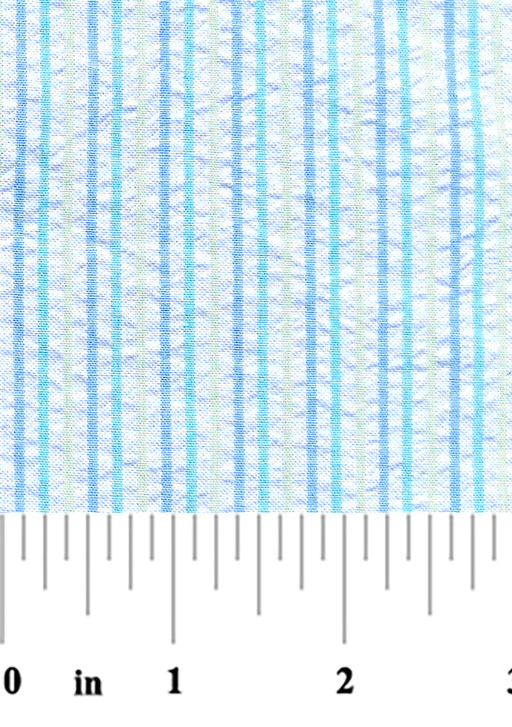 Textile swatch with blue and white stripes and a ruler at the bottom for scale.