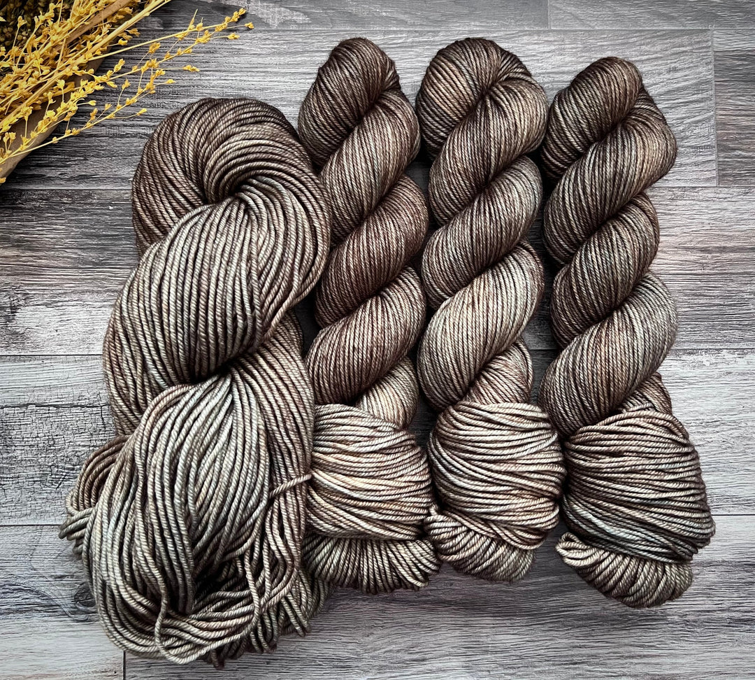 Yarn in a grey, brown, cream colorway