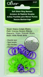 stitch markers in lime green and purple, packaged