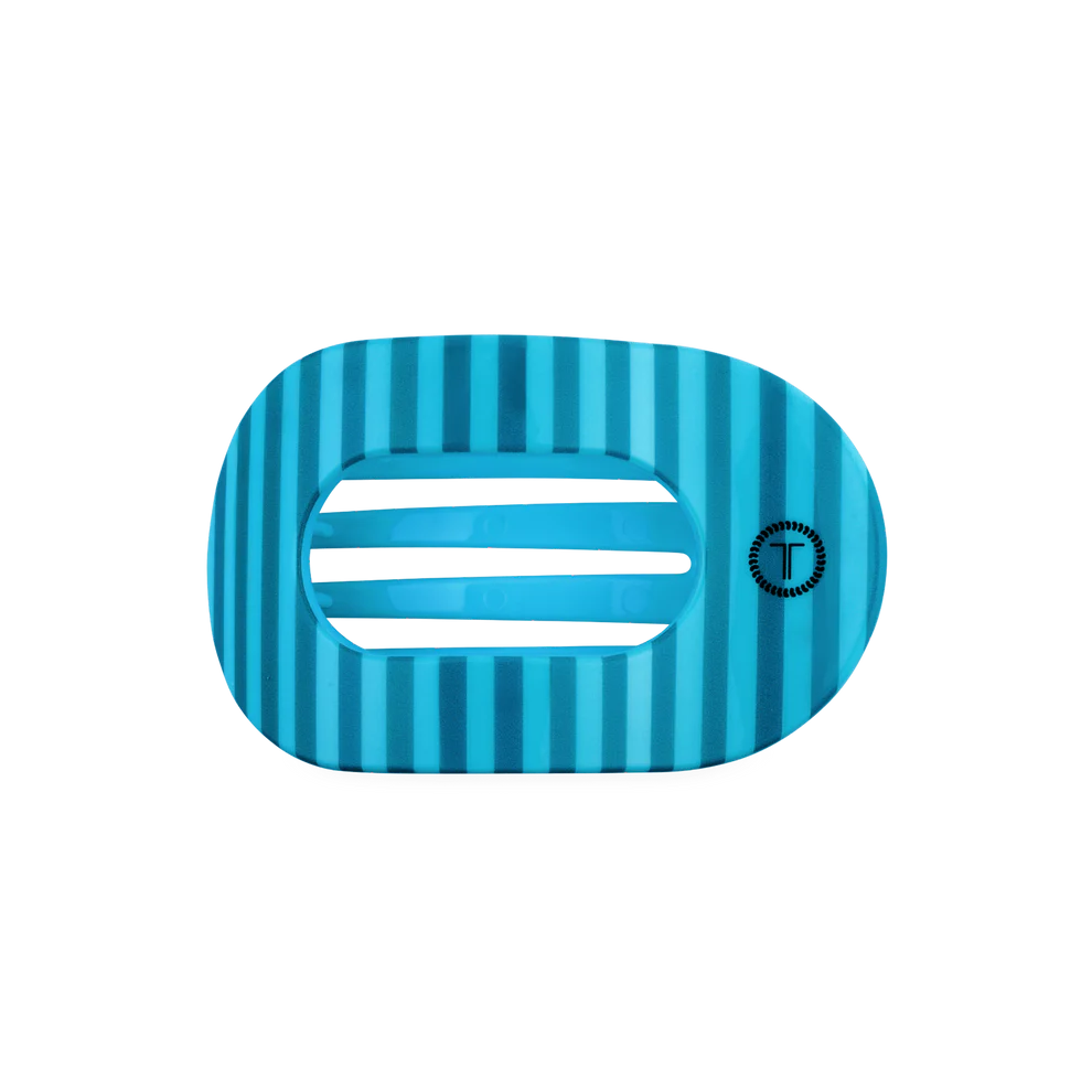 Blue striped hair clip with a logo on a white background