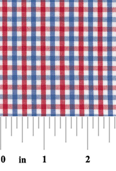 A close-up view of a fabric with a checkered pattern in red, white, and blue, displaying the width of the material.