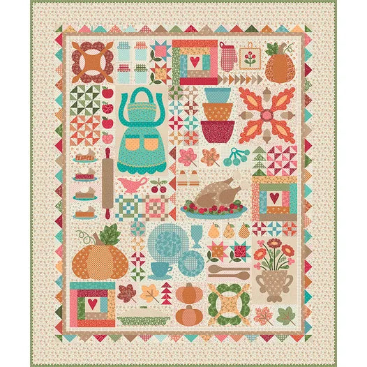 Colorful quilt with various patterns and objects on a beige background