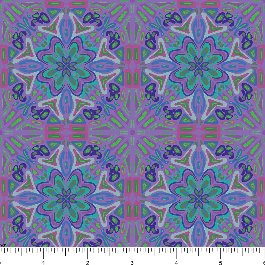 A tiled kaleidoscope design in purple, blues, green, and pink