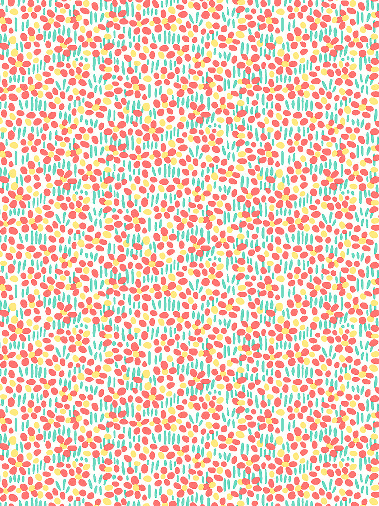 Pattern of small coral and yellow flowers on a white background