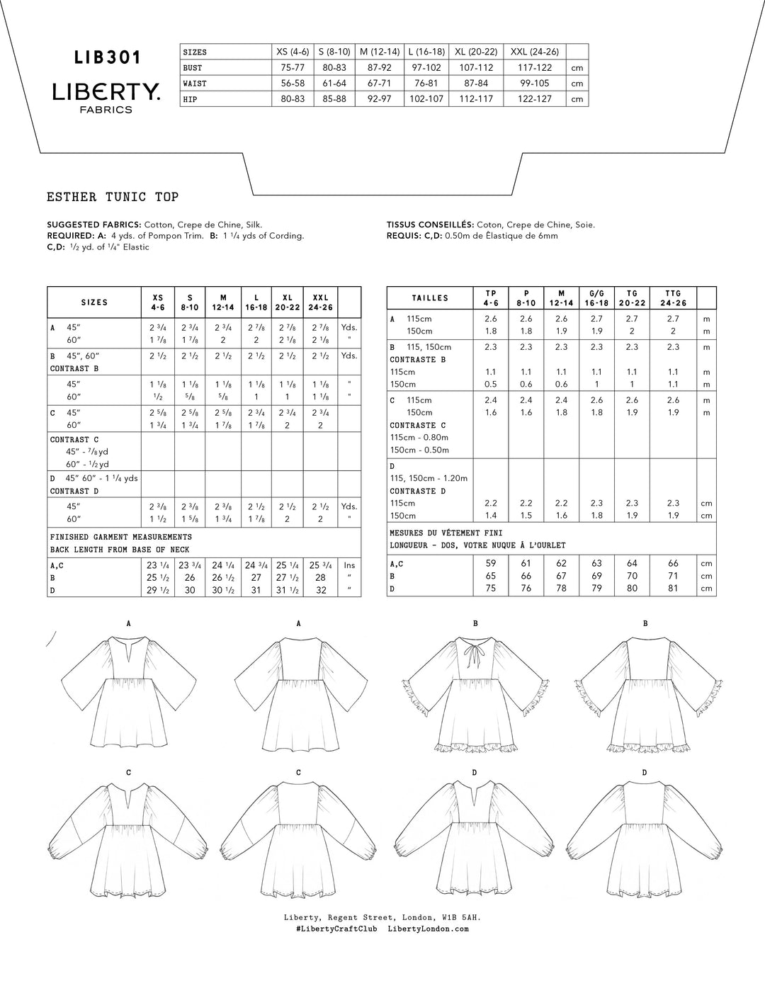Pattern envelope for 'Esther Tunic Top' with fabric suggestions and size chart.