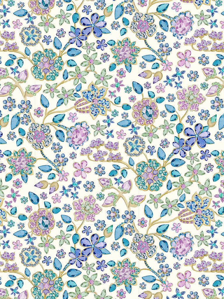 A piece of Liberty Fabrics Tana Lawn cotton fabric featuring a blue floral pattern with small gemstone-like details.