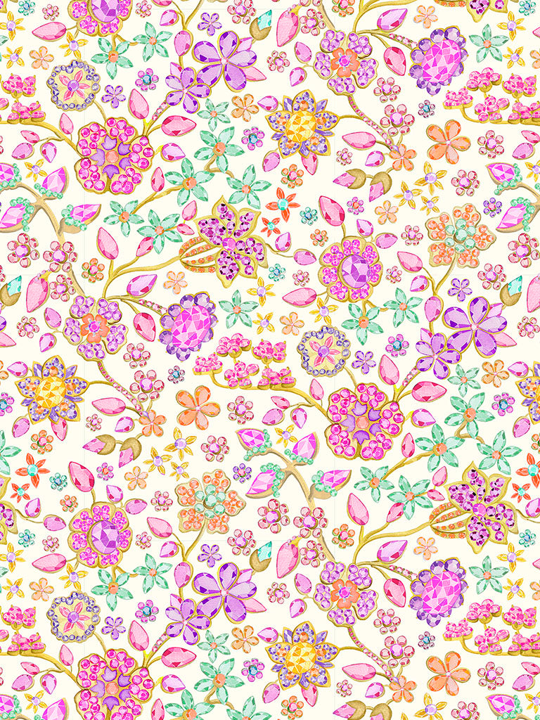 A Liberty Fabrics Tana Lawn fabric featuring a floral pattern with pink, blue, and yellow flowers on a white background.