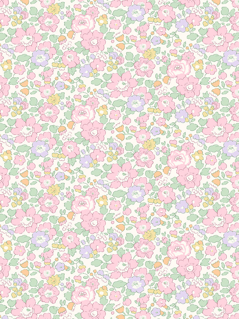 A fabric featuring a small-scale floral pattern with pink flowers on a Lawn background.