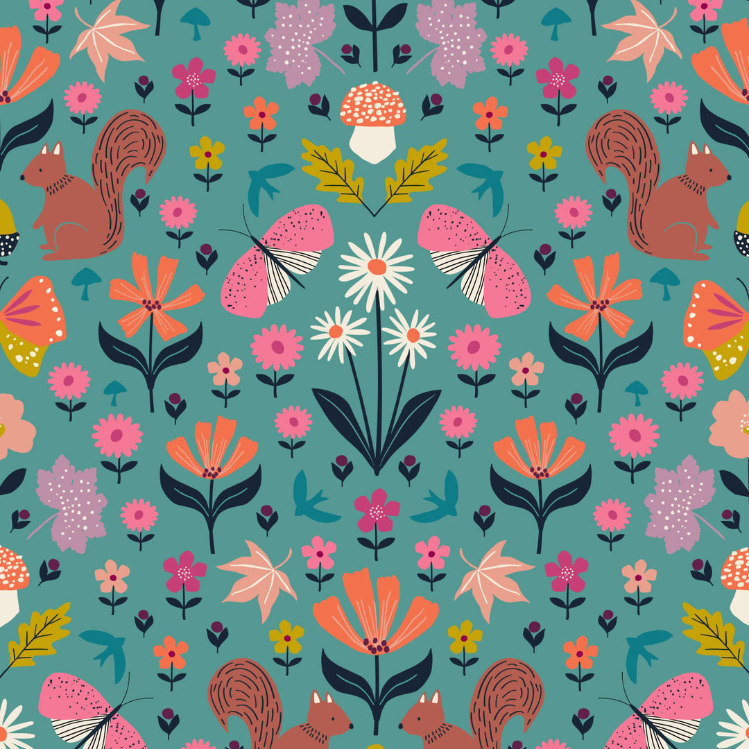 Fabric with a light blue background, colorful flowers, and squirrels.