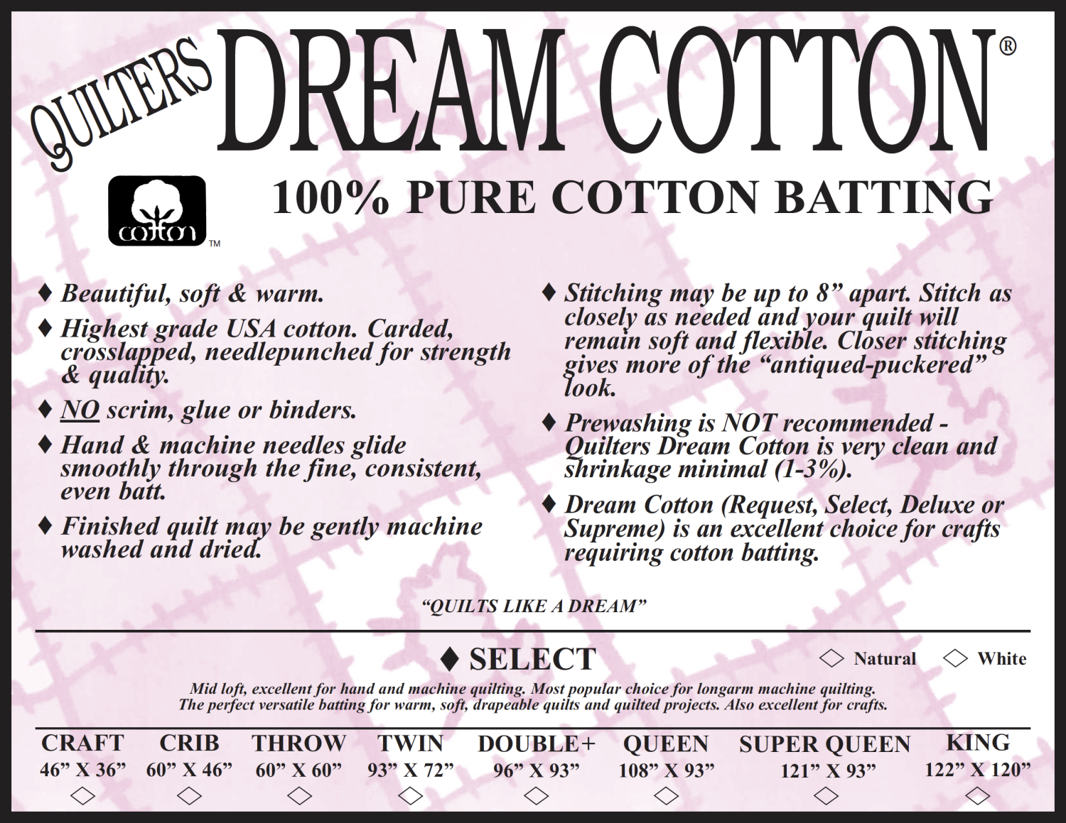 White Cotton Select Craft 46 x 36 - W4CF - Quilters Dream